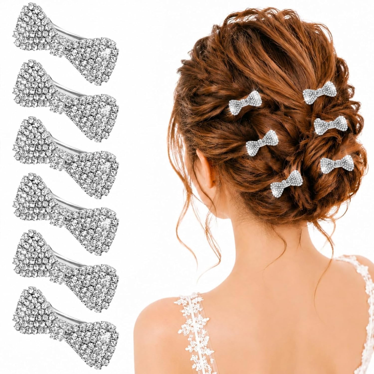 6 Pcs Mini Rhinestone Hair Clips, Cute Silver Bling Bow Barrettes for Women