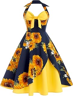 Women 50s Vintage Polka Dot Halter Cocktail Swing Dress Buttons Floral 1950s Rockabilly Audrey Hepburn Prom Tea Party Dress