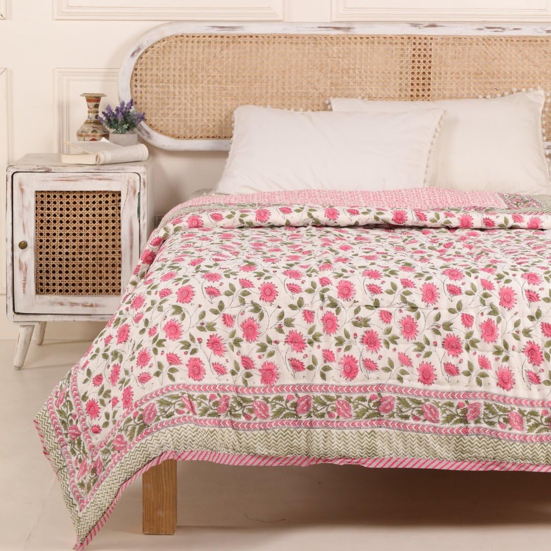 Peepul Tree Hand Block Printed Cotton Quilt Jaipuri Razai Softness & Style for Single Bed | Beautiful Floral AC Blanket, Reversible, Breathable, Made in India (Floral Pink) | 60X90 Inches