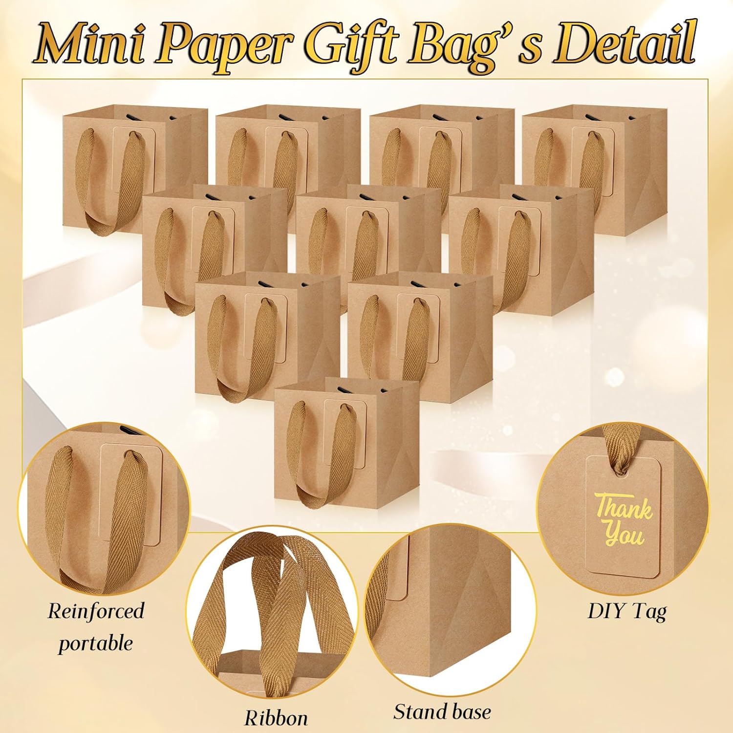 Kolldenn 100 Pcs Small Brown Gift Bags with Handles 4"×4"×4" Mini Kraft Paper Square Gift Bags Bulk with 100 Blank DIY Tags for Wedding Birthday Graduation Shopping Business Party