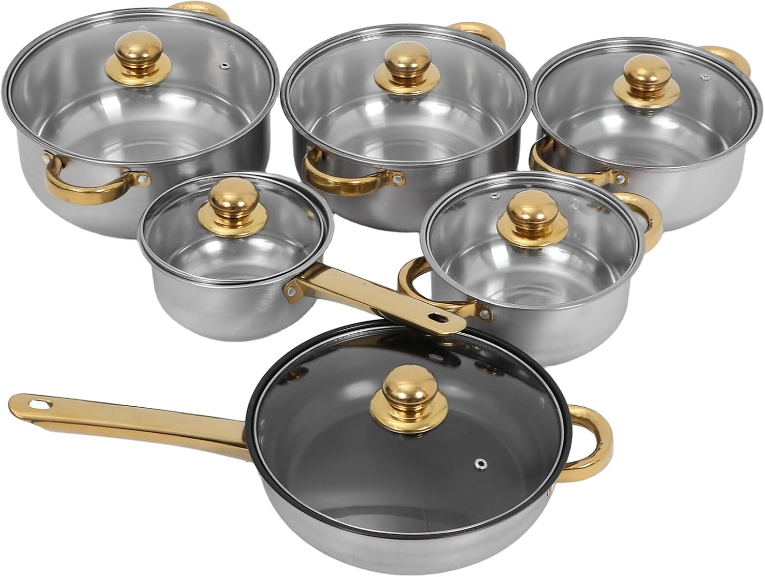 VANZACK Stainless Steel Cookware Set with Nonstick Frying Pan and Gold Handles Even Heat Distribution Pots and Saucepan for Induction Gas Electric Stoves Kitchen Essentials for Family