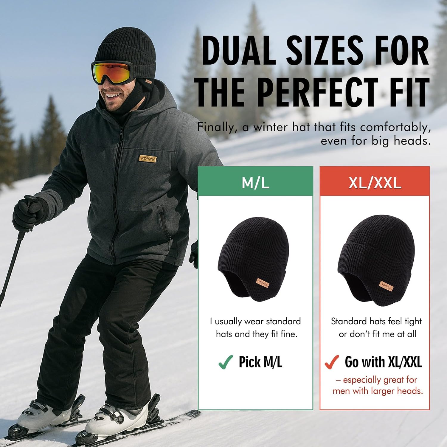 TOP-EX DryKnit™ Waterproof Fleece Lined XL XXL Ear Flap 50% Merino Wool Cold Weather Ski Running Beanies - Image 4