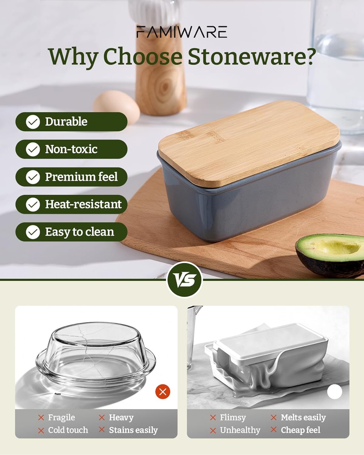 Famiware Milkyway Butter Dish with Lid for Countertop, Large Ceramic Butter Dish, Butter Keeper Holder with Airtight Cover, Kitchen Decor and Accessories for Kitchen Gifts (Dark Gray)