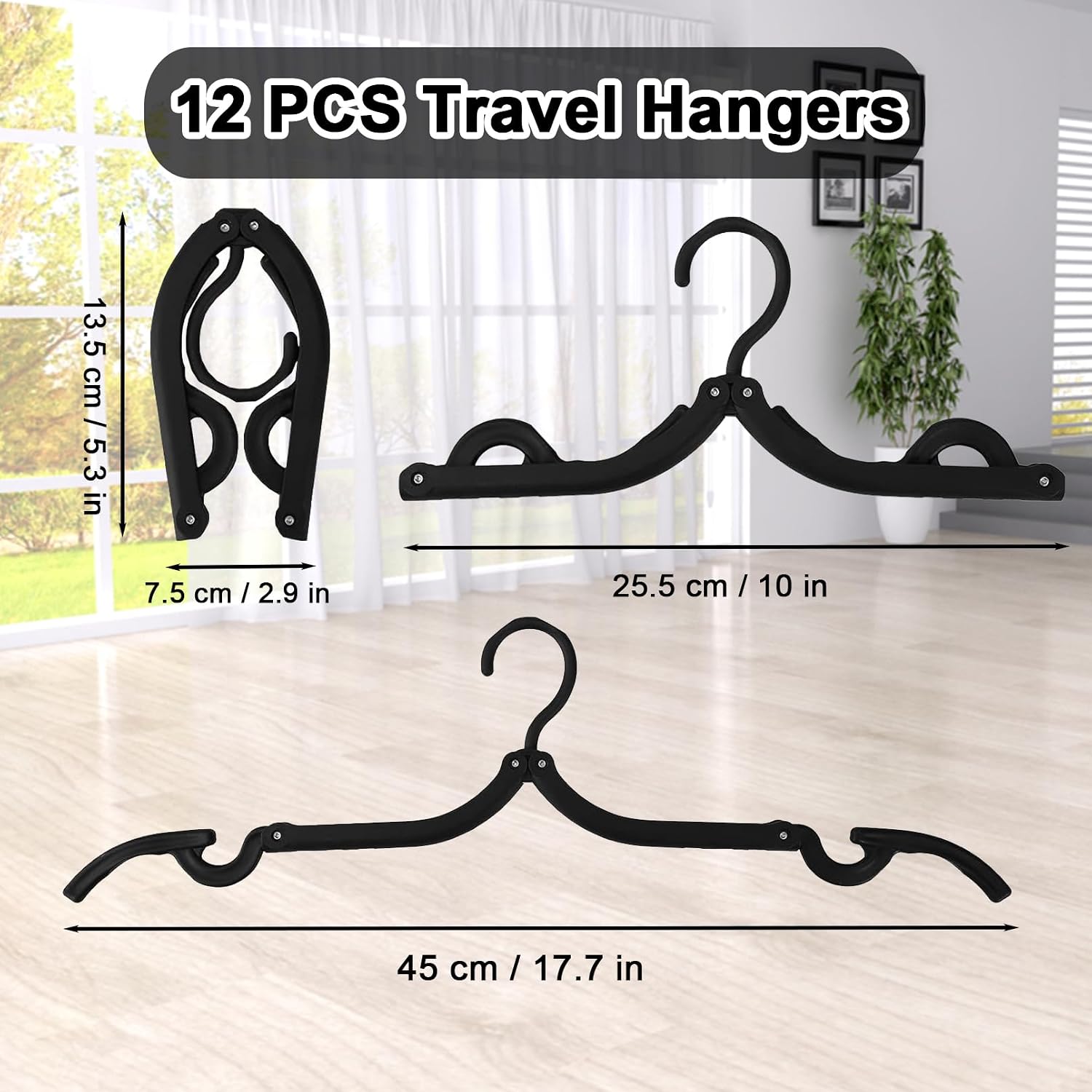 12 PCS Travel Hangers,Portable Folding Clothes Hangers Travel Accessories,Foldable Drying Rack,Black Non Slip Clothing Hangers with Clotheslines