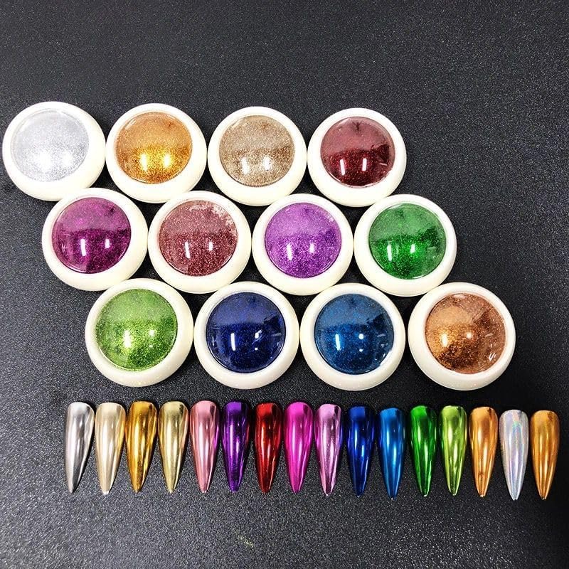 NAILWIND Mirror Chrome Nail Powder Set 12 Colors Metallic Mirror Effect Nail Powder Holographic Aurora Pigment for Nail Art Gel Polish Mermaid Powder Decoration Set