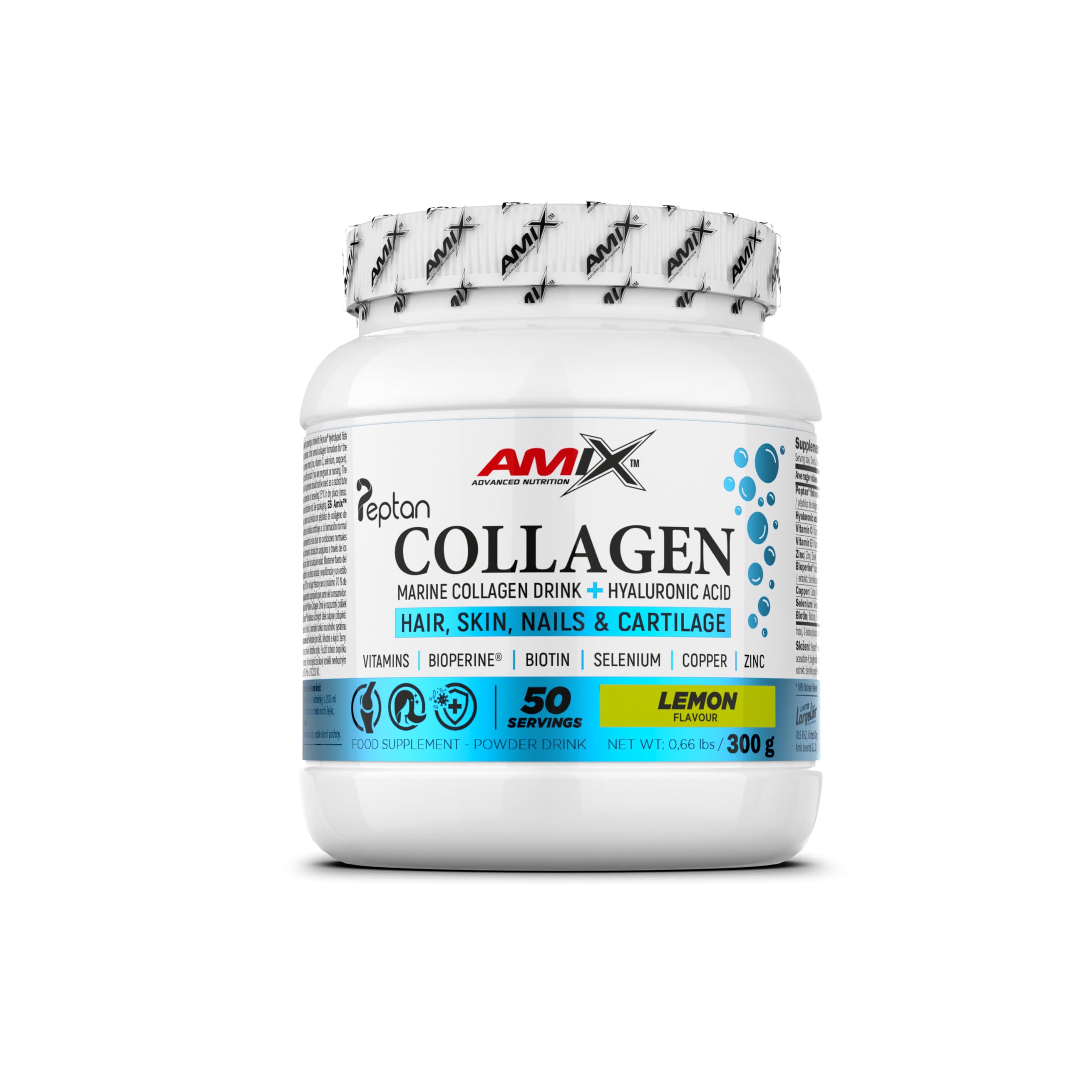 Amix™ Marine Peptan®Collagen Drink - Colágeno Marino Peptan® con Ácido Hialurónico, Vitaminas C y E, Zinc, Selenio y Biotin - Complemento alimenticio - Polvo - 300 g - Sabor: Limón