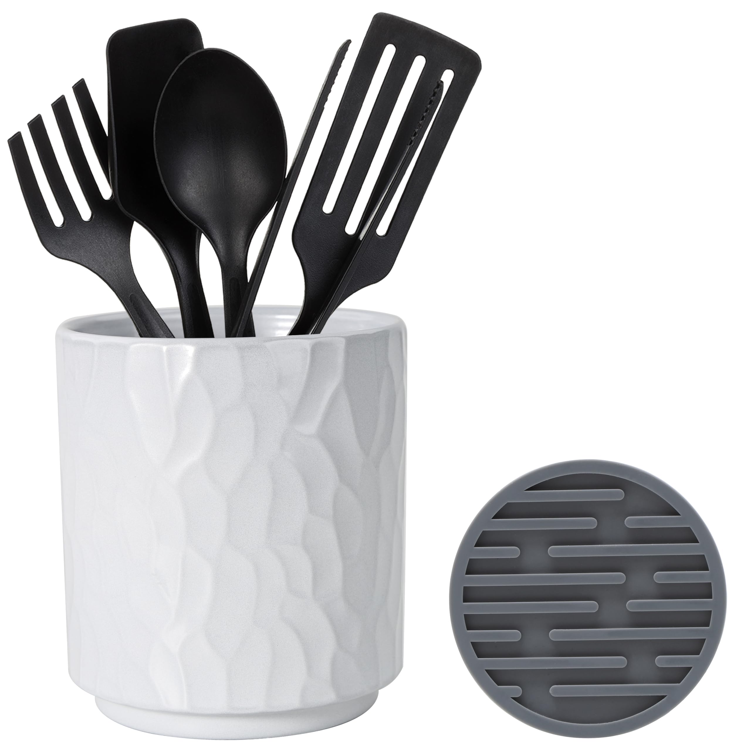 Muiltvoe Small Utensil Holder for Kitchen Counter (H5.51” x W4.92”) Ceramic Countertop Utensil Holder for Kitchen Utensils Crock for Countertop Includes Silicone Drying Mat Green