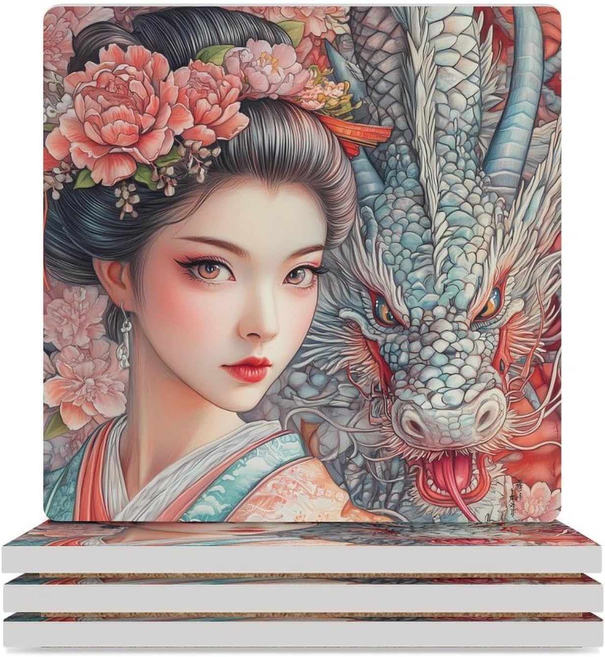 Geisha Woman and Dragon Funny Ceramic Coasters for Drink Absorbent Cup Holders Tabletop Protection