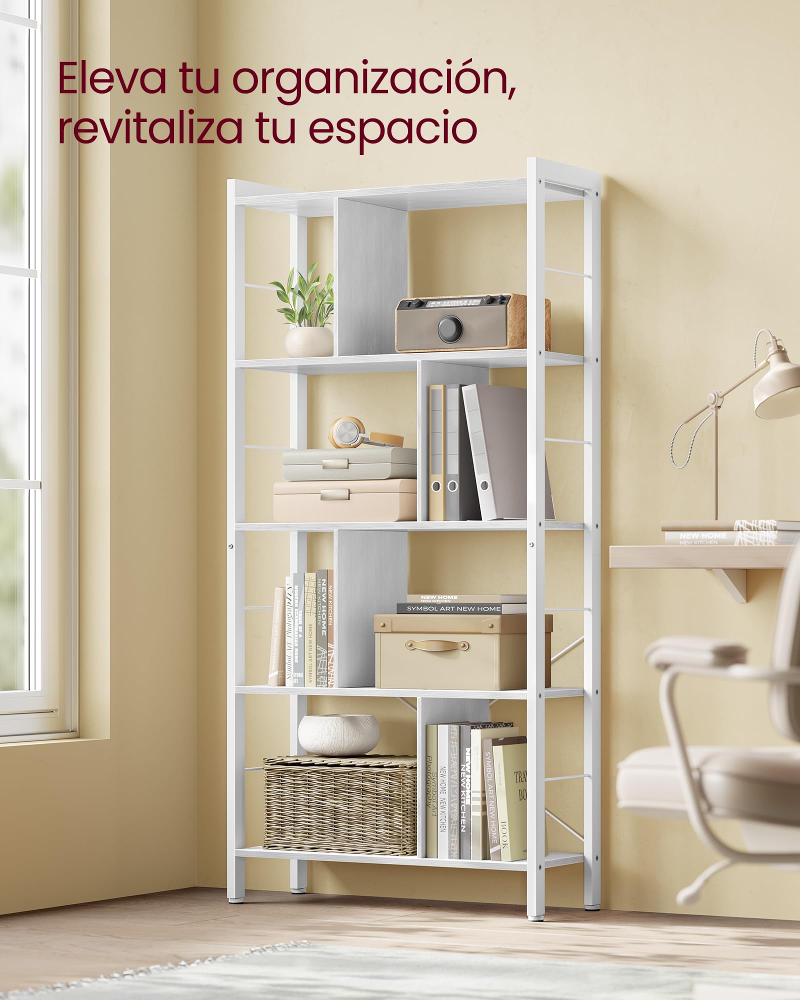 VASAGLE Librería, Estantería de Almacenamiento de 5 Niveles, Organizador de Oficina de Estudio, con Compartimentos, para Salón, Estilo Moderno, Blanco Arce y Blanco Nube LBC012W44