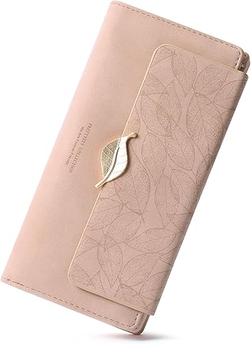 Miniatura 8 de Cartera de cuero para mujer, con bloqueo RFID, gran capacidad, triple tarjetero, carteras, monedero largo con ventana de identificación, C02 Rosa