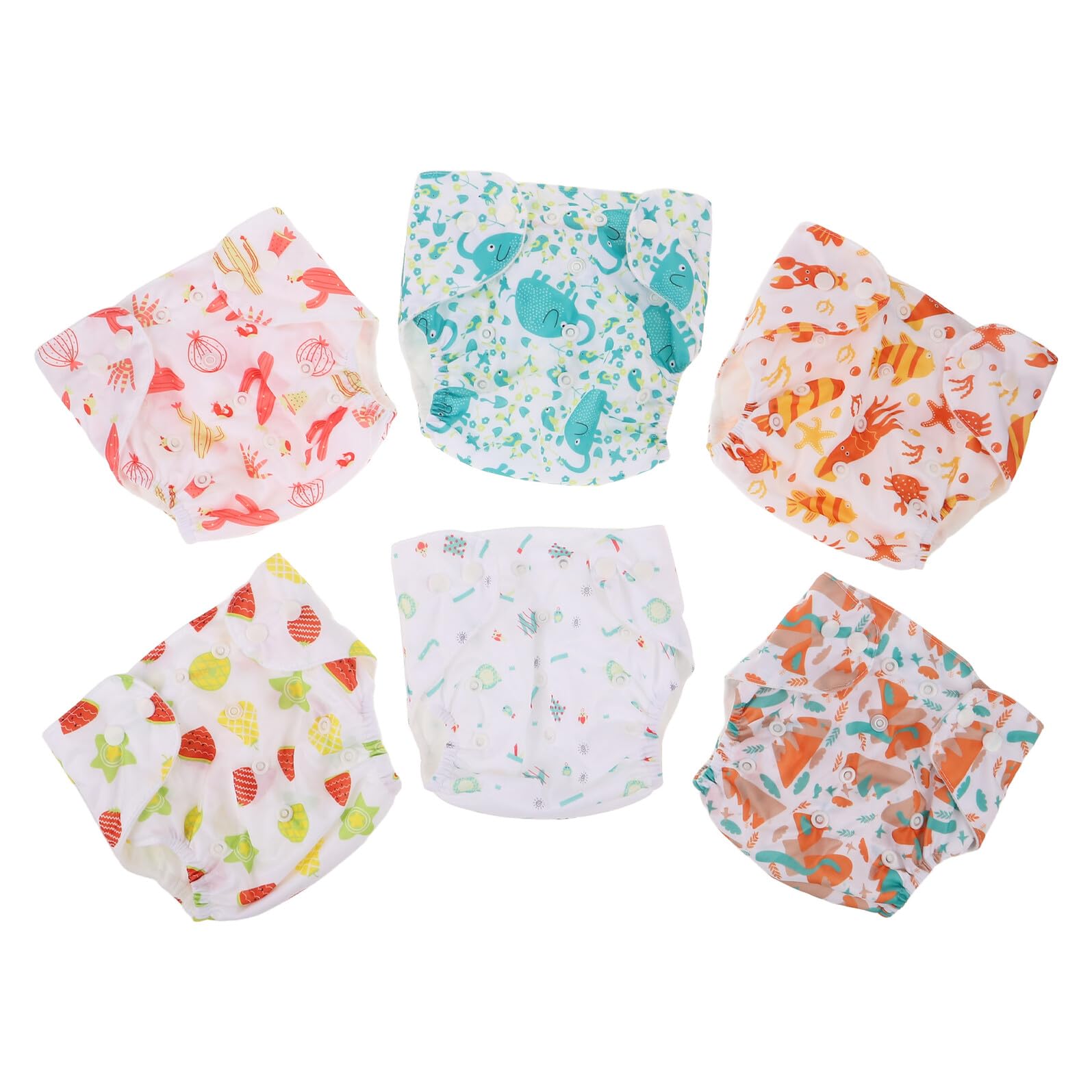 Pañales Reutilizables para Recién Nacido 6 Unidades con Ropa Interior Ajustable, Absorbente y Transpirable, Estampados Infantiles (cactus, Elefante, Fruta), Pañales de