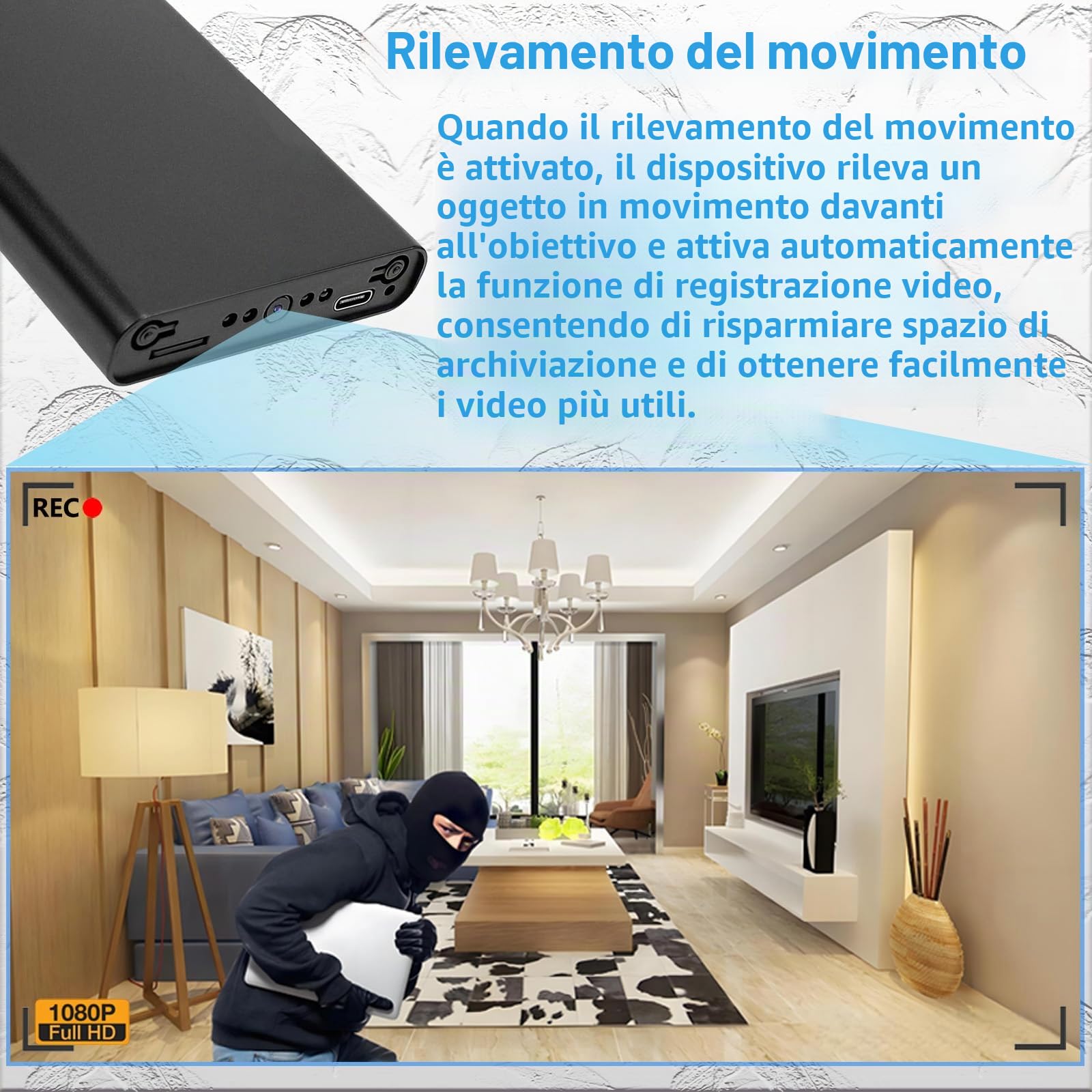 Telecamere mini portatili in HD,Telecamere spia,telecamere di sorveglianza nascoste,rilevamento di movimento,batteria integrata da 10.000 mAh,funzionamento continuo per 55 ore, non supportano il Wi-Fi
