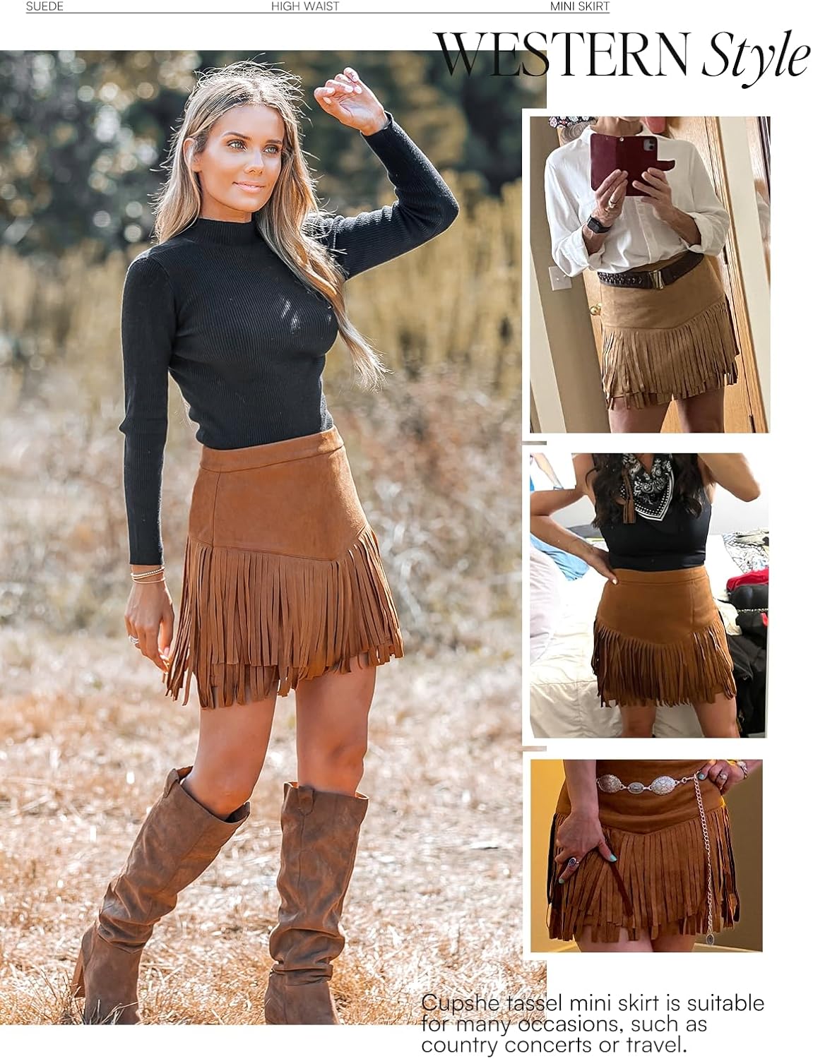 CUPSHE Women Fringe Skirts Western Cowgirl Terra Cotta High Waist Mini Skirt Suede Tassel Short Counrty Concert - Image 2