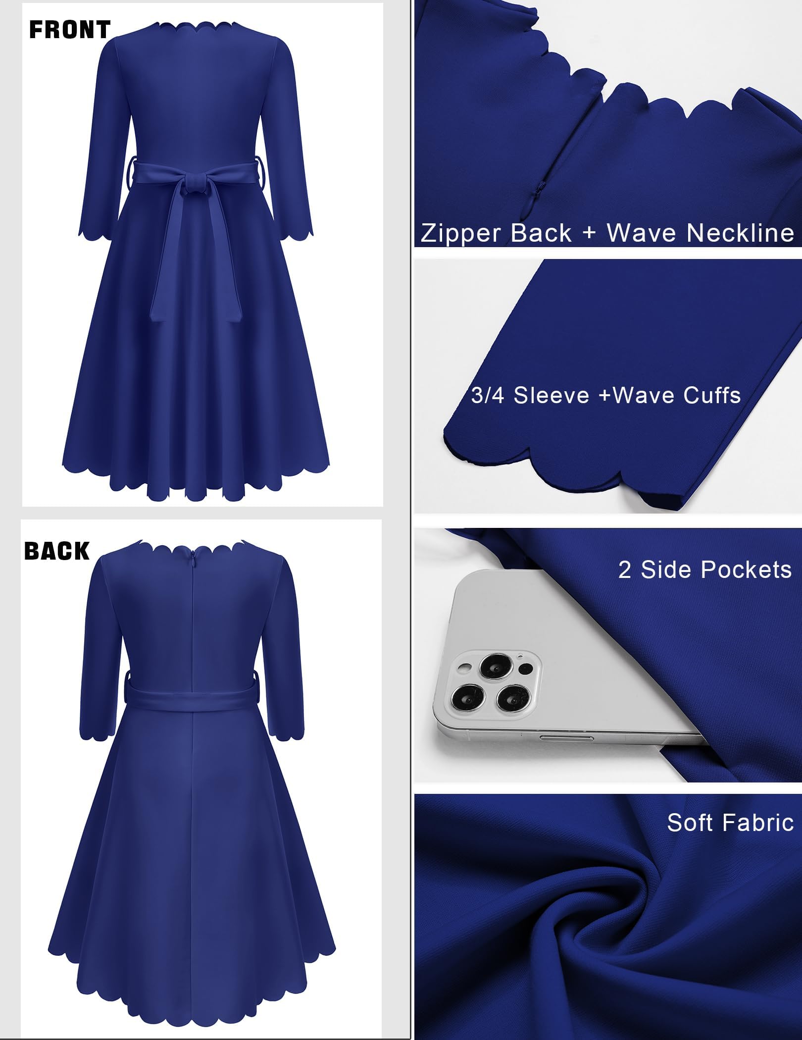 Arshiner Dziewczęca sukienka na imprezę, sukienka jesienna, scallop trim belted A-line formalna sukienka z długim rękawem, odświętna sukienka midi z kieszeniami, dla dzieci w wieku 6-15 lat
