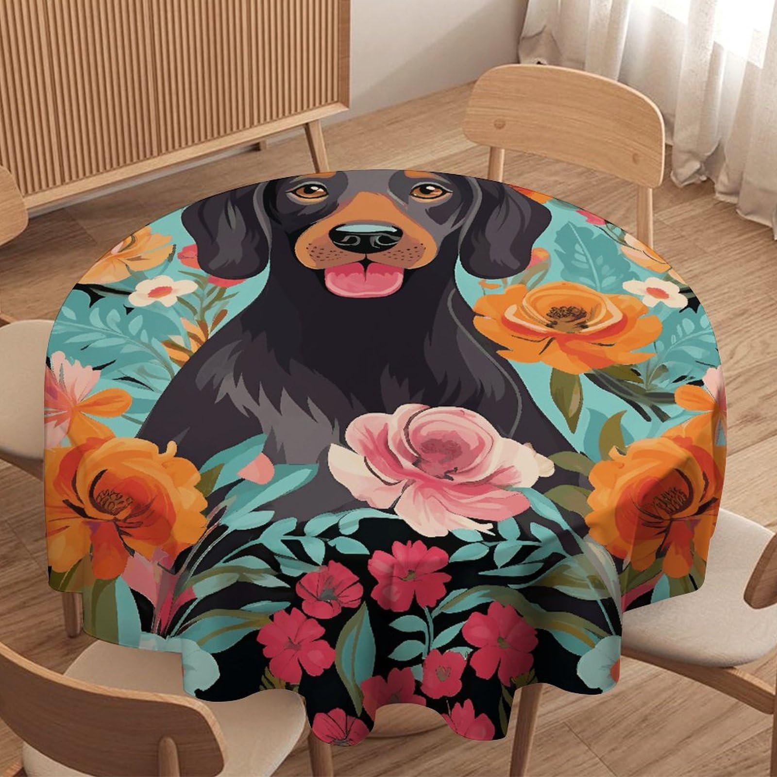 Nappe ronde pique-nique et repas de fête à motif chien et fleurs