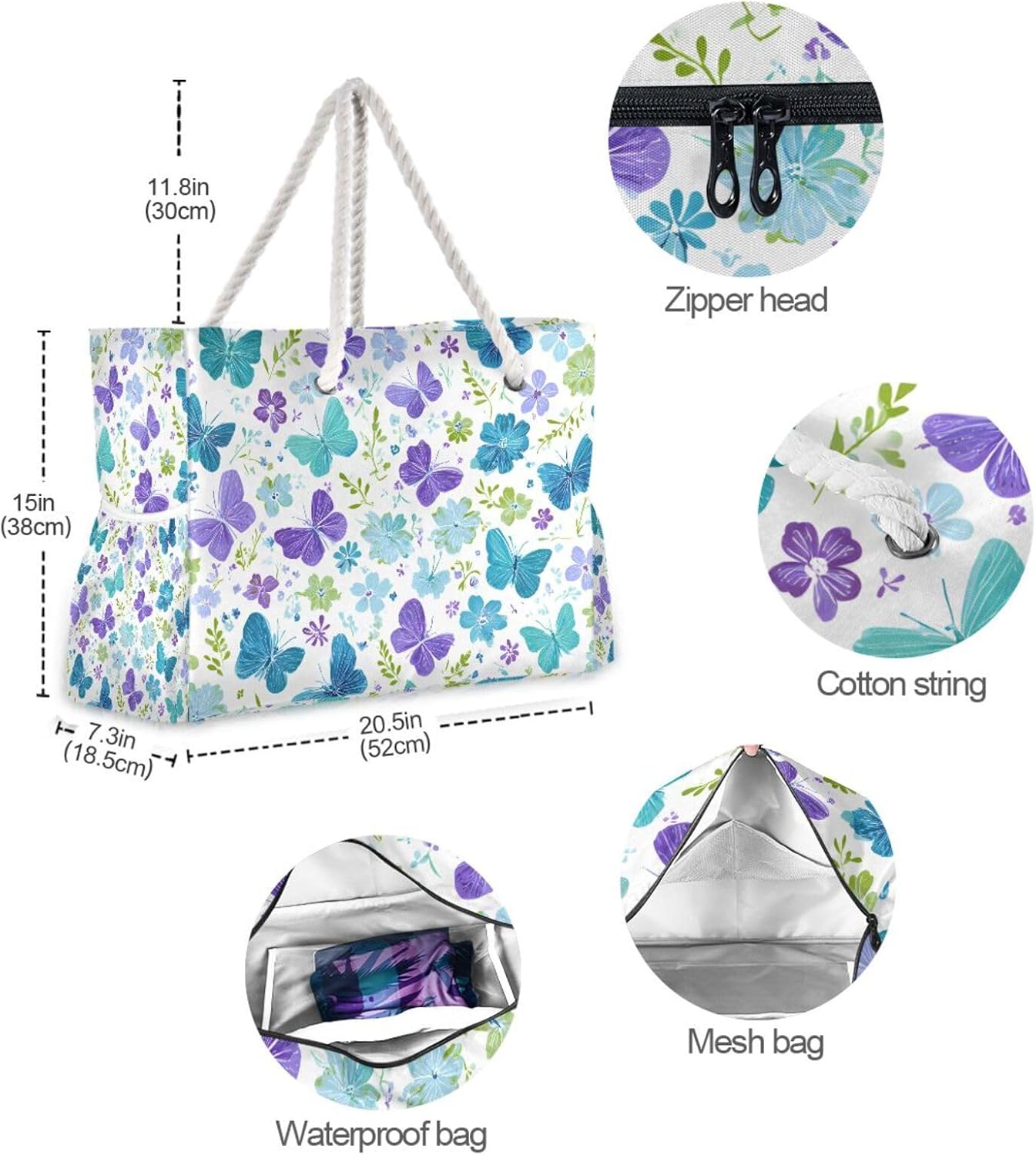 OTVEE Blossoms with Vibrant Butterflies Beach Bags for Women Ladies Large Canvas Tote Shoulder Bag Waterproof Travel Bags for Gym Swim Pool Camping