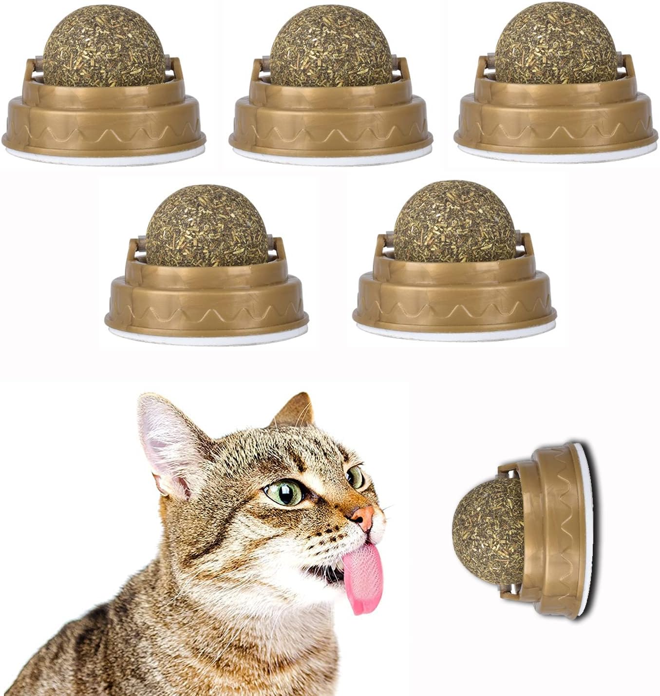 5 Pack Catnip Ball, Natural Catnip Toy Rotatable Playing Edible Balls Cat Toys, Self-Adhensive Wall Mounted 360 Degree Rotatable, Teeth Cleaning Catmint Toy for Cat Kitten Kitty
