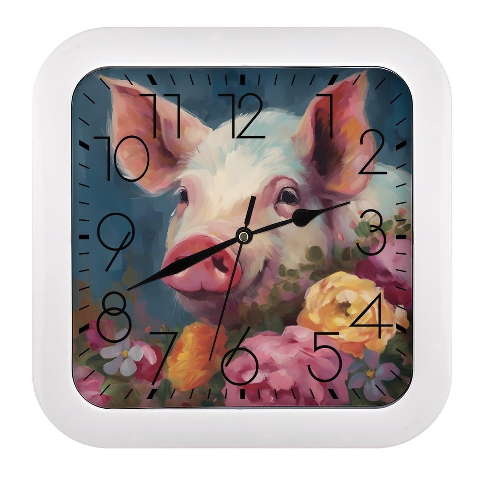 NTVOWPZO 10 Inch Wall Clock Painting Flower Pigs Battery Operated Wall Clocks Silent Non-Ticking Square Wall Clock for Living Room Kitchen Home Office Wall Decorative Clocks