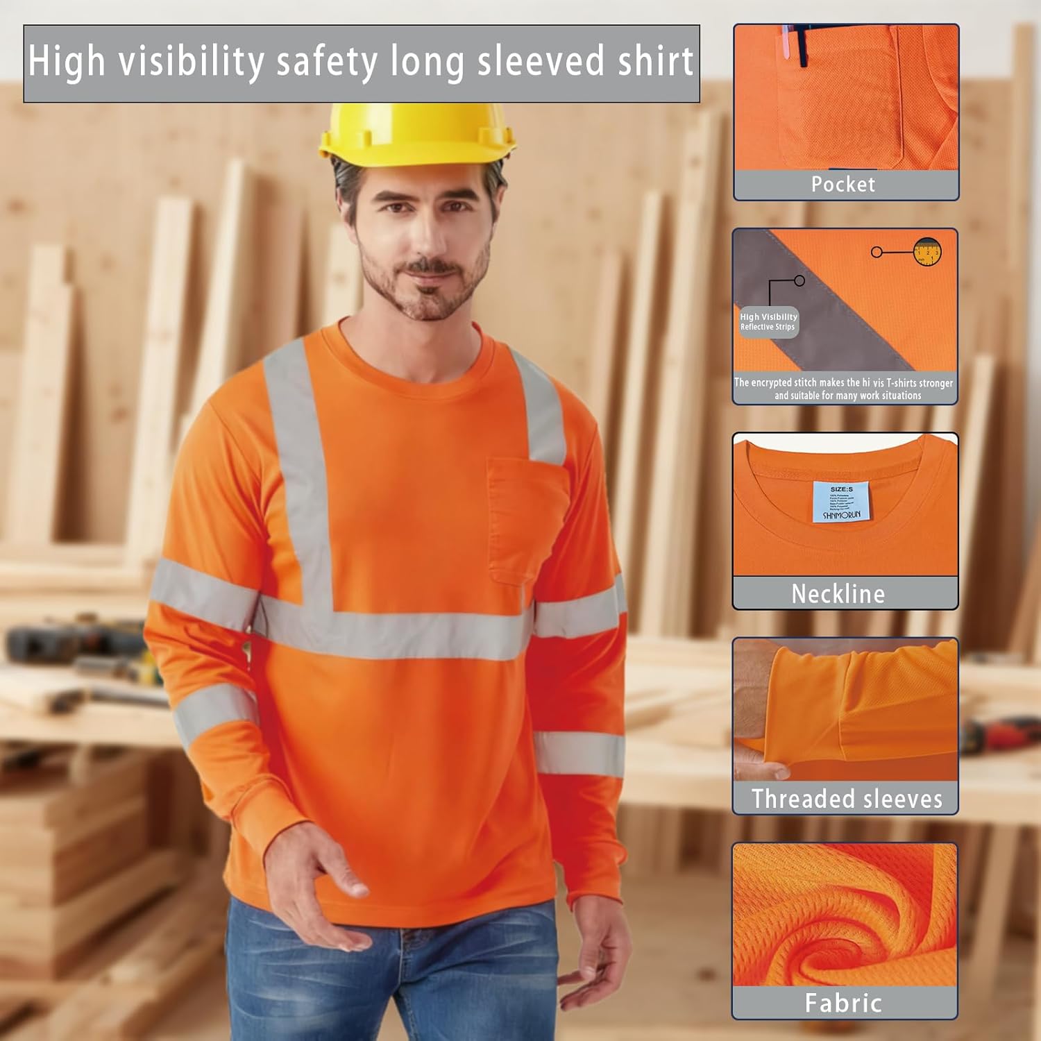 High Visibility Safety Long Sleeved Shirt, Workwear with Pockets and Reflective Strips, Breathable T-Shirt - Image 2