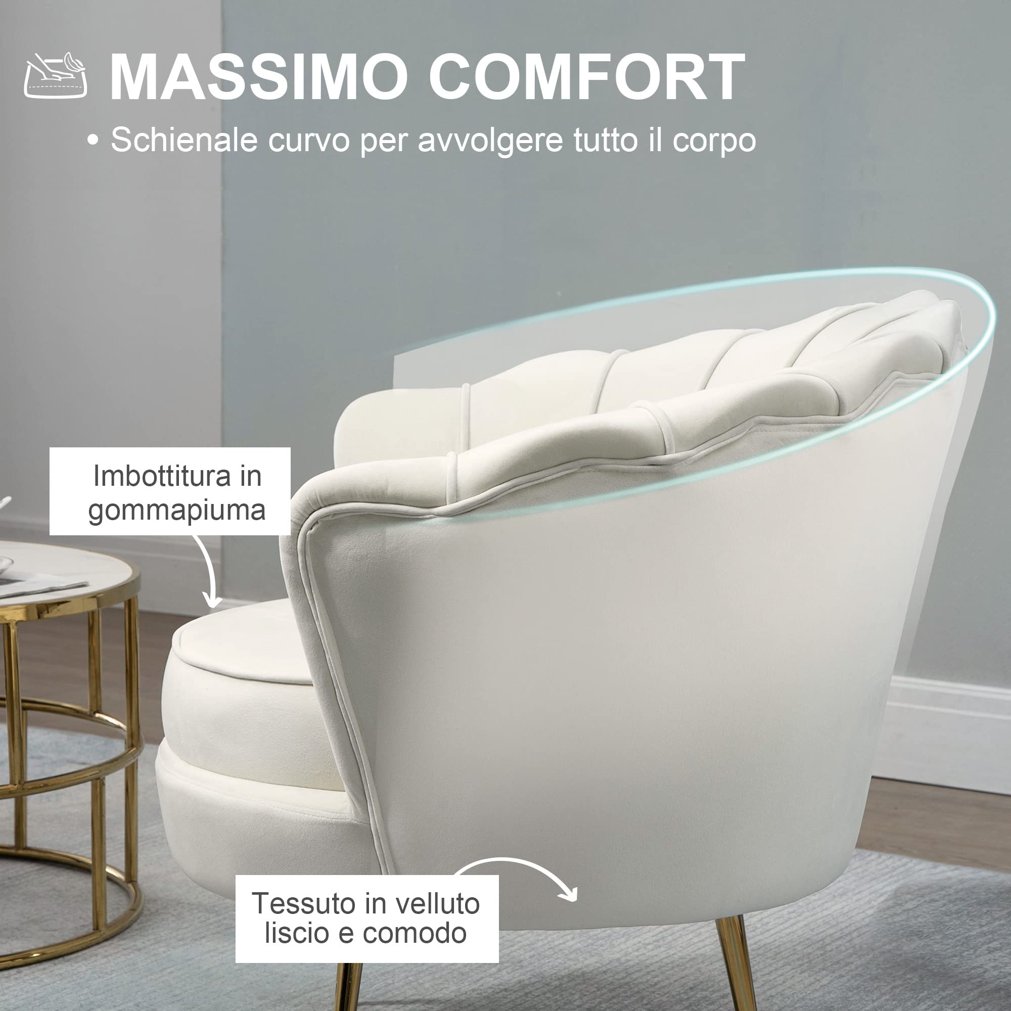 HOMCOM Poltrona Design Vintage in Velluto Rétro 79x77x77cm, Crema