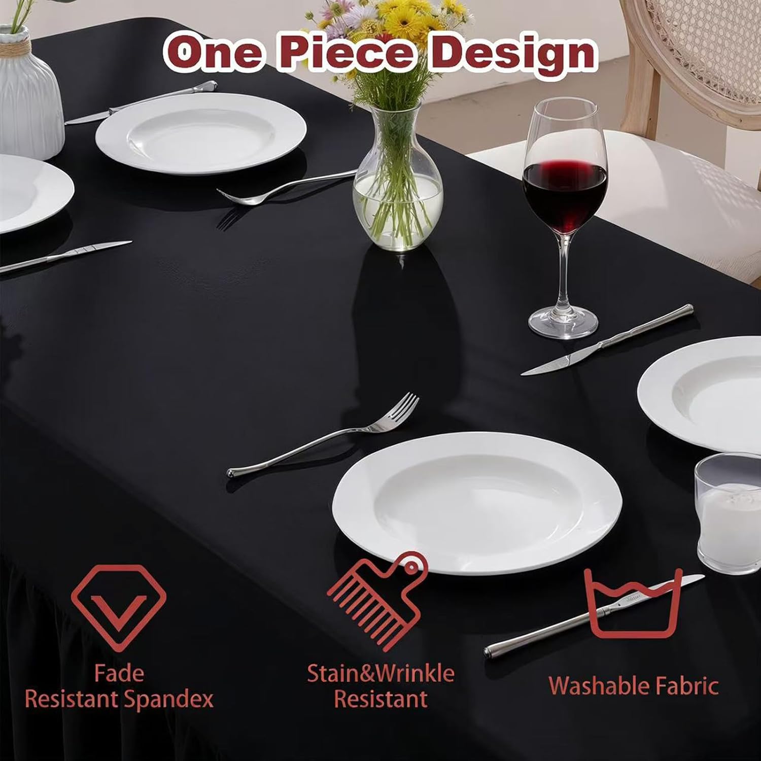 3 Pack Black Spandex Table Cloths for 6 Foot Rectangle Tables, Wrinkle Free Fitted Table Covers 6 Ft Stretch Polyester Tablecloths with Skirt for Party Banquet Wedding Birthday Christmas - Image 6