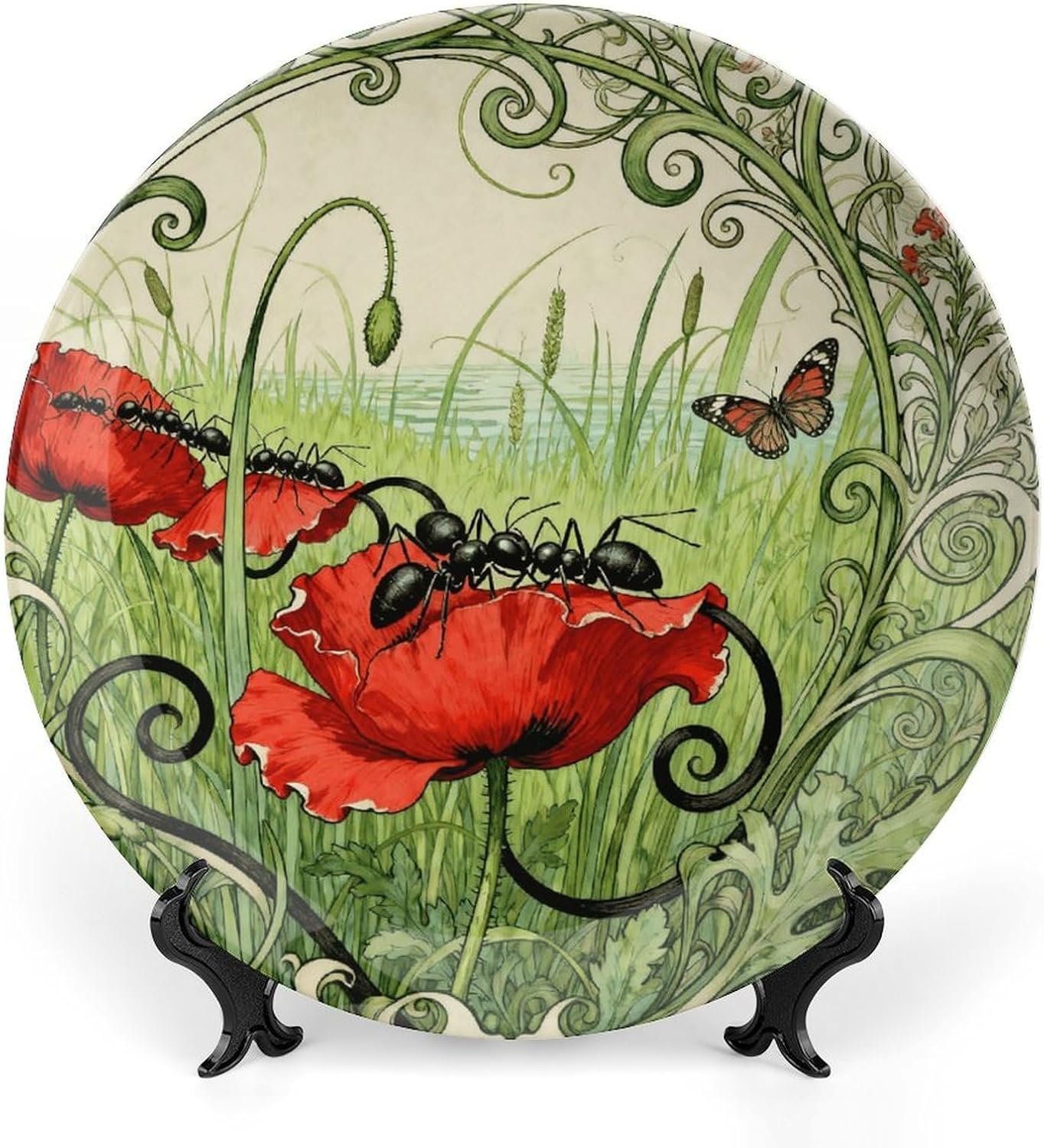 Ant Petal Line Ceramic Display Plate Decorative Round Hanging Bone China Plate with Display Stand for Kitchen Dining Room Wine Cabinet Home Décor Art Decoration 6inch