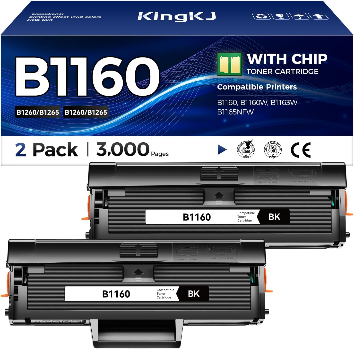 Compatible Toner Cartridge Replacement for Dell B1160 Toner Cartridge to Use with Dell B1160 B1160w B1163w B1165nfw Mono Laser Printers Ink YK1PM 331-7335 HF44N HF442 All-in-One Copier (Black 2-Pack)