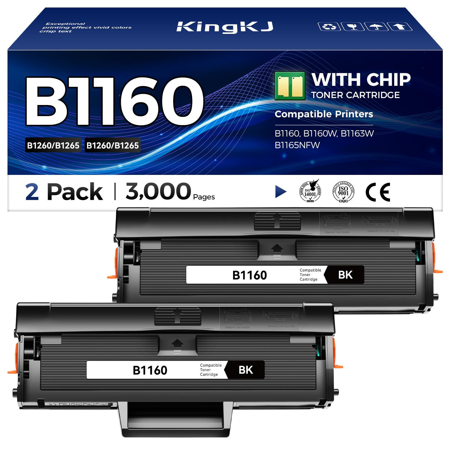 Compatible Toner Cartridge Replacement for Dell B1160 Toner Cartridge to Use with Dell B1160 B1160w B1163w B1165nfw Mono Laser Printers Ink YK1PM 331-7335 HF44N HF442 All-in-One Copier (Black 2-Pack)