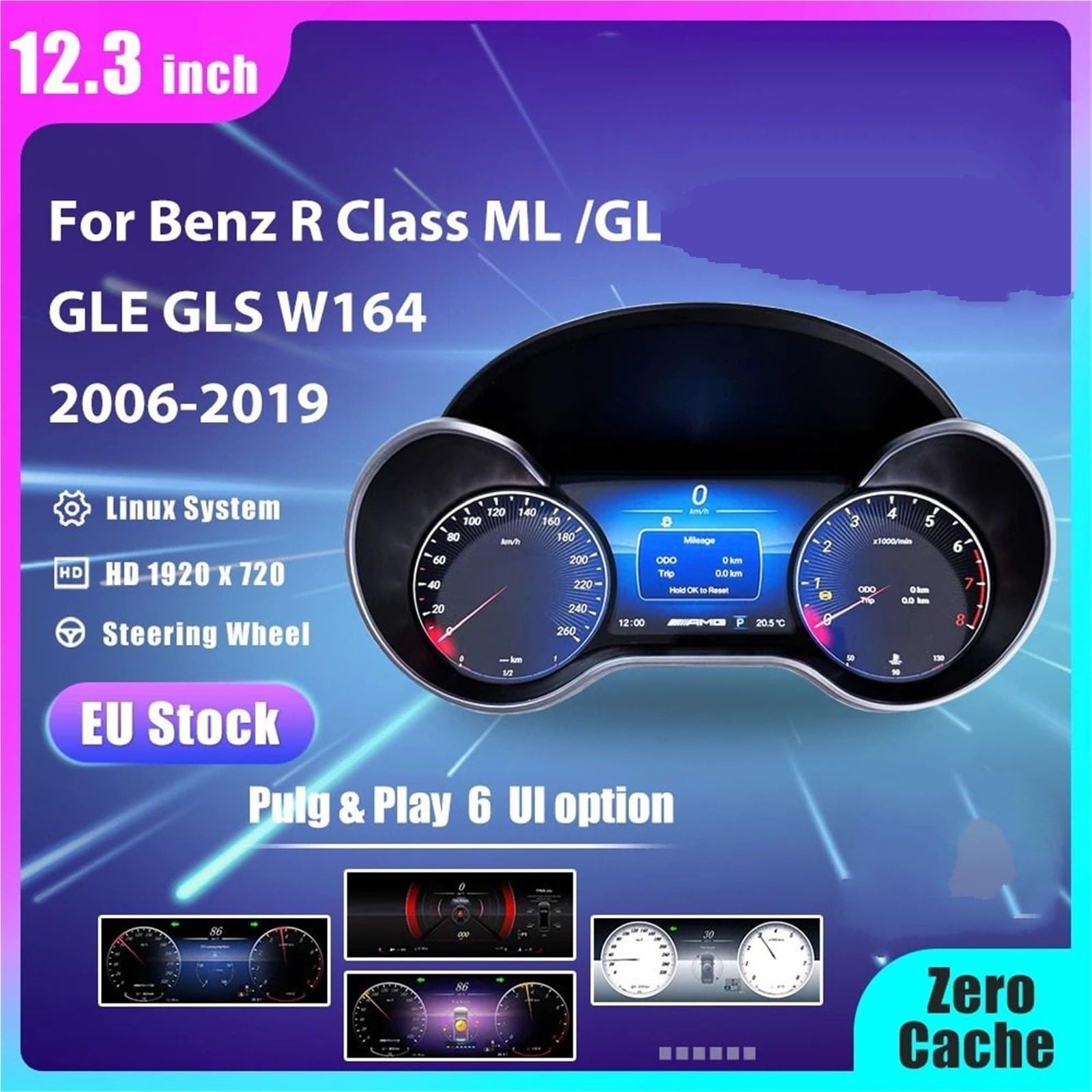 salpicadero del coche Panel de instrumentos digital LCD 12,3" para Benz Clase R, ML, GL, G, GLE, GLS, W164, W166, W463, años 2006 a 2019 Tacómetro(New W164)