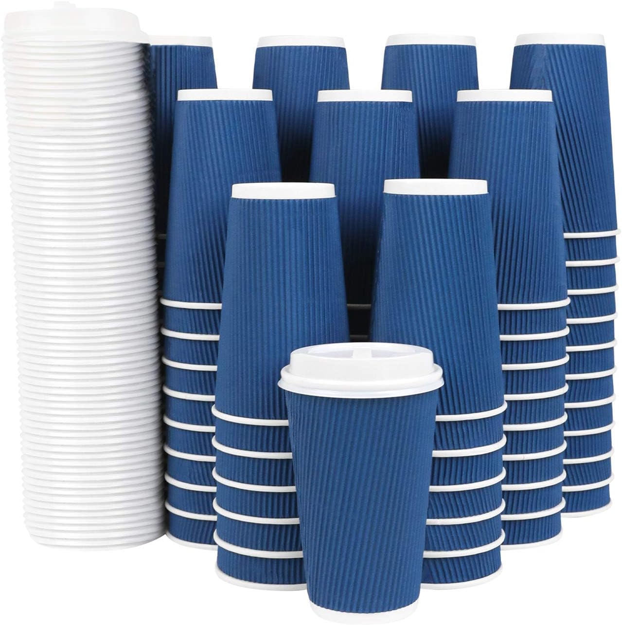 85 Set - Disposable Coffee Cups with Lids 16 oz with Double Wall Insulation ToGo Coffee Cups with Lids (Built in Stoppers) 16 oz Coffee Cups (85 Lids Included) Hot Cups with Lids - Paper Coffee Cups