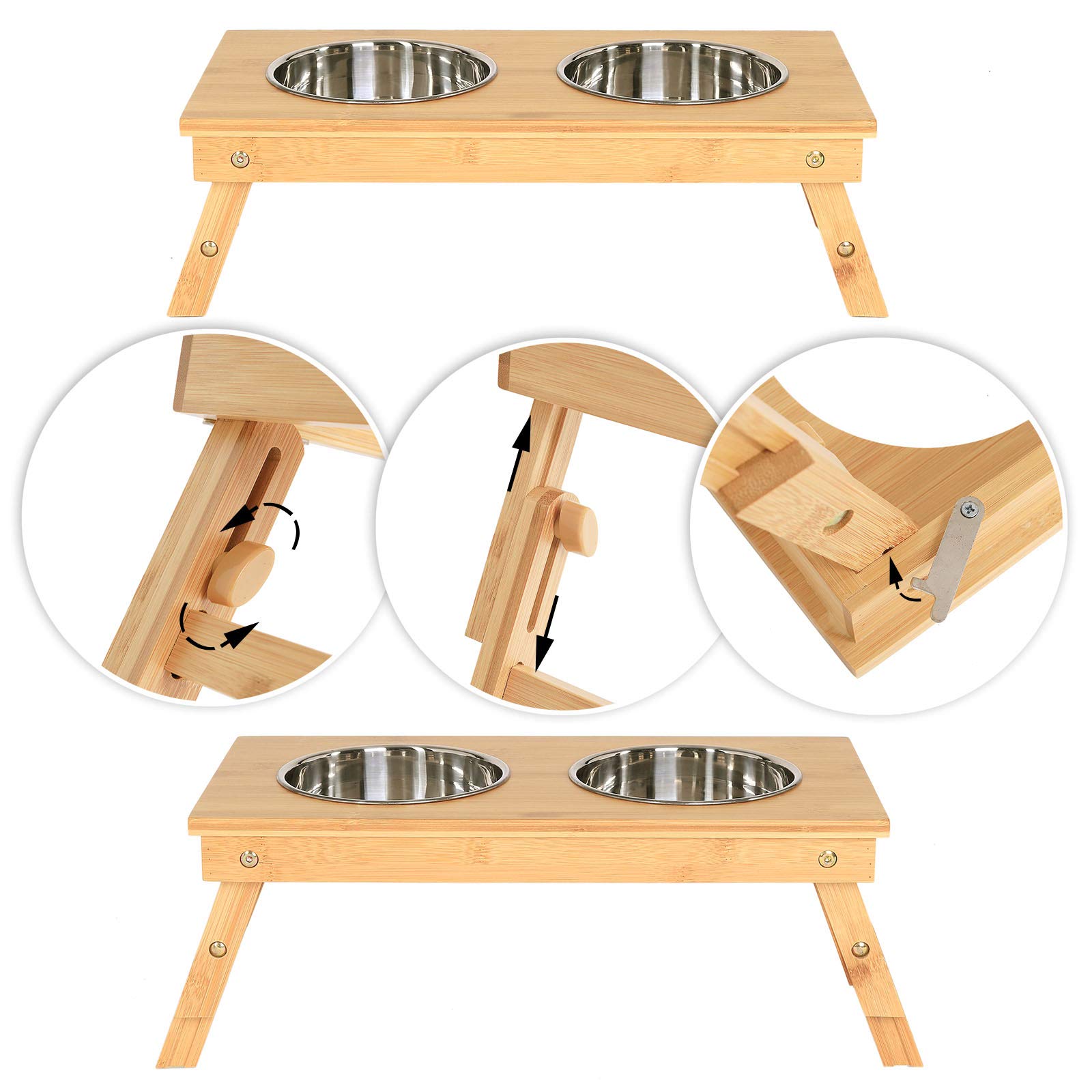 lionto Height-adjustable dog bowl made of robust bamboo, 45 x 23 cm, height 14.5-18.5 cm - Image 4