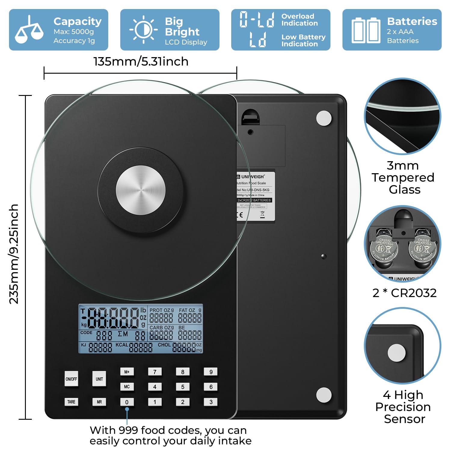 UNIWEIGH Bilancia alimentare alimentare 5 kg Digital Food Scale per la perdita di peso, prefect per il calcolo dei fatti alimentari, conteggio delle calorie, Meal Prep, grasso, KCAL, carboidrati