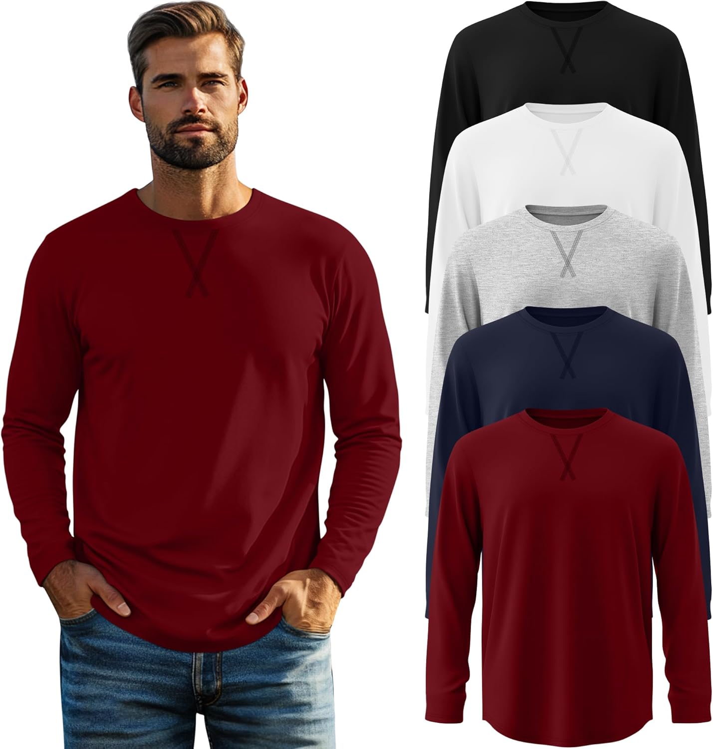 5 Pack Men's Big and Tall Long Sleeve Shirts Crewneck Tops L-7xl Hipster Hip Hop Longline T-Shirts Multipack