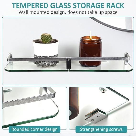 Wall Mounted Bathroom Glass Shelves, 40cm