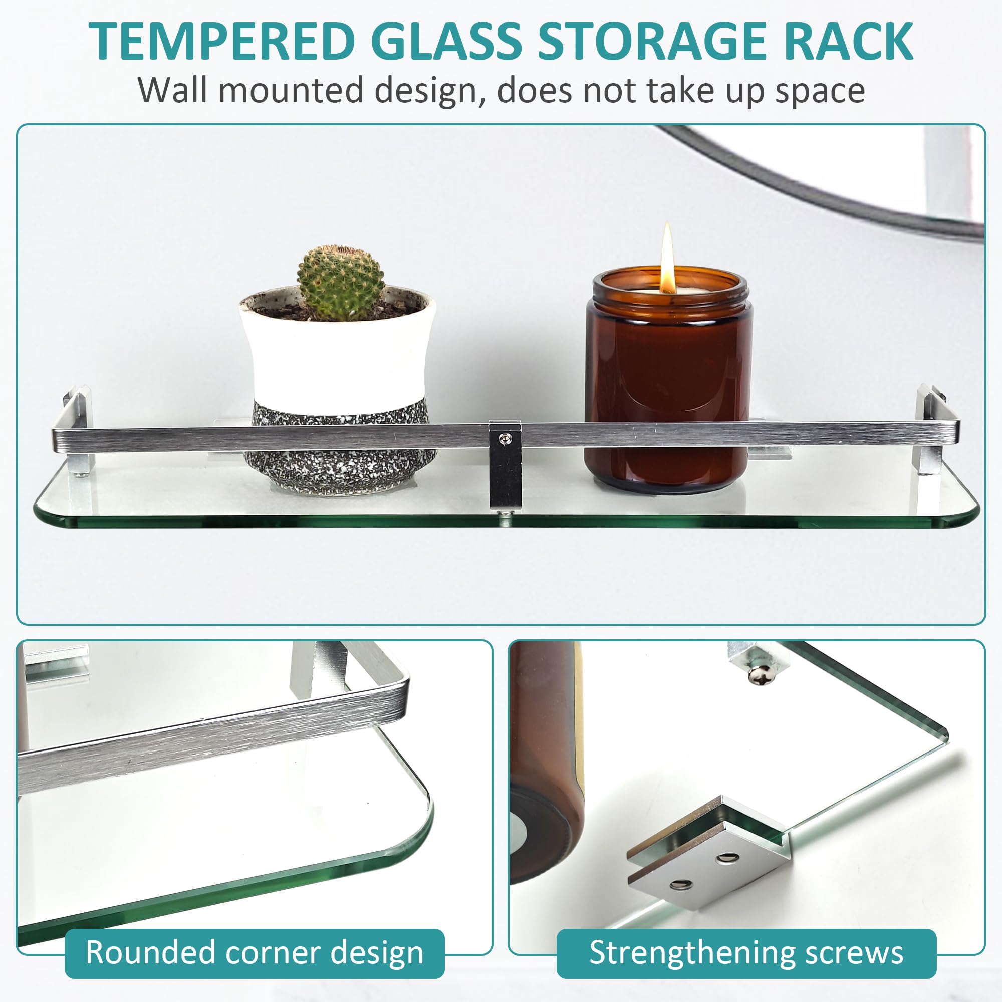 WENLISELL Wall Mounted Bathroom Glass Shelves, 40cm Tempered Glass Bathroom Shelf with Rail, 6mm Extra-Thick Bathroom Shelf - Image 4