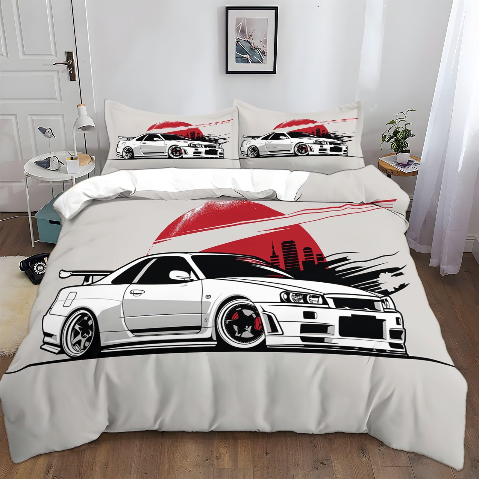 Juego de Ropa de Cama Funda Nordica para Cama 150 Estilo Japonés Coche Deportivo Blanco 3 Piezas Juego de Cama Cremallera Funda de Almohada 220x240 cm Poliéster Algodón