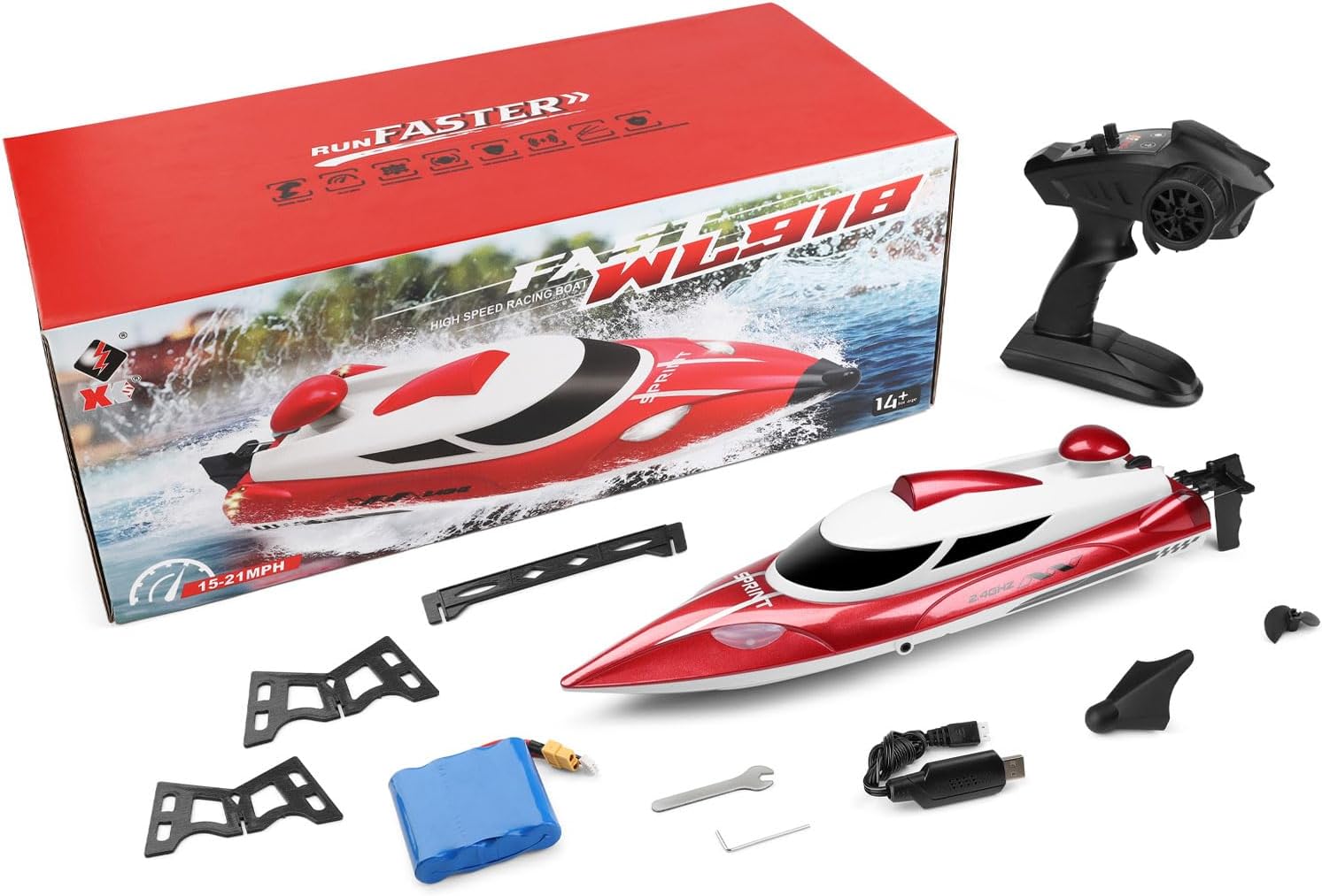 Remote-Controlled Boat 35km/h, 550 Carbon Brush Motor, Water Cooling, 2.4GHz 200m Range, Auto-Righting, Crash Shield, Night Lights, 7.4V 3000mAh, 46.9cm, for Ages 15+