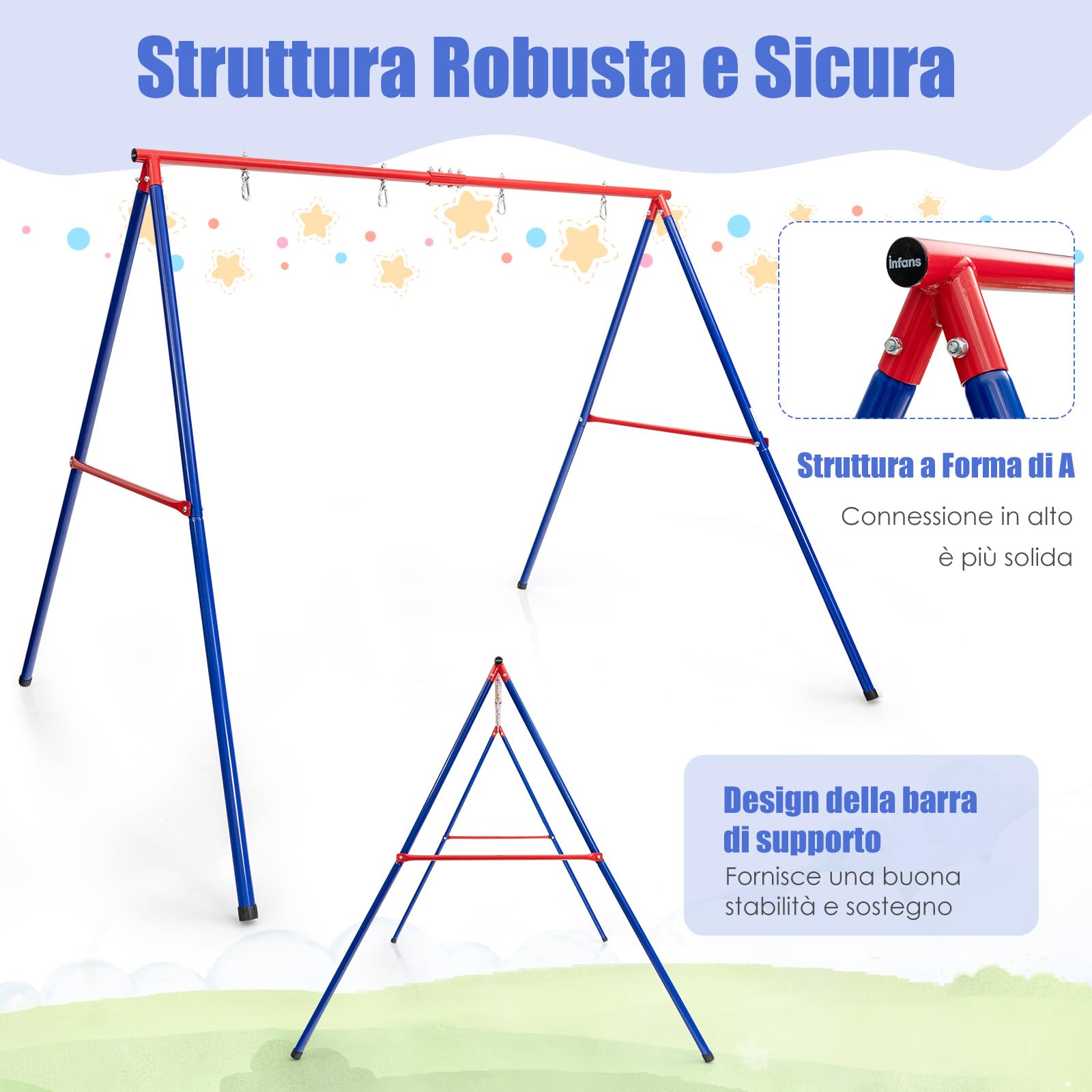GYMAX Telaio per Altalena a 2 Posti, Supporto per Altalena a Telaio con Barra di Supporto, Piedini e Piedini Antiscivolo, Giunti Interni dei Tubi Rinforzati, Rosso+Blu