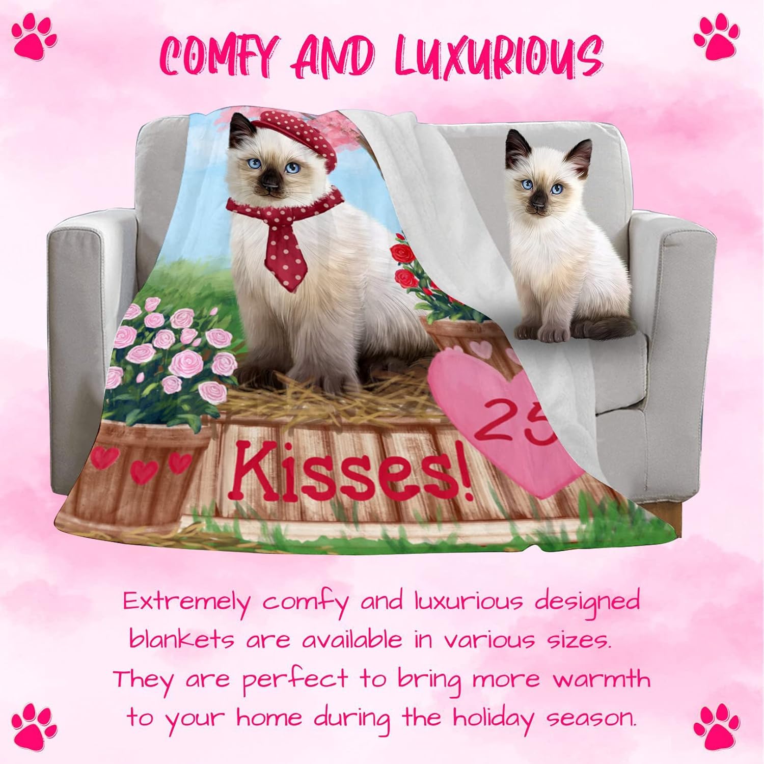 Rosie 25 Cent Kisses Siamese Cat Blanket - Lightweight Soft Cozy and Durable Bed Blanket - Animal Theme Fuzzy Blanket for Sofa Couch BLNKT61751 (50x60 Woven)