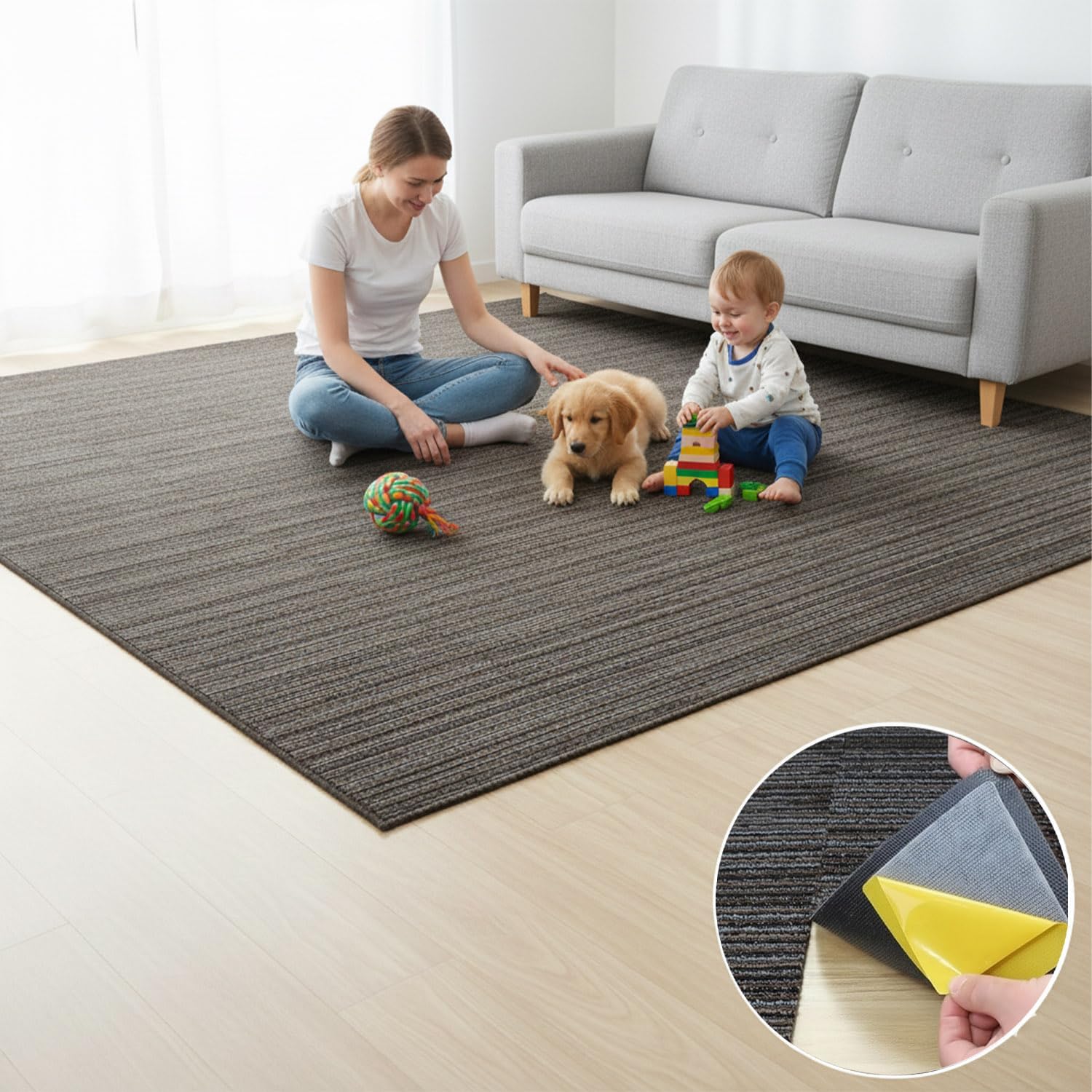 Carpet Tile Tape Double Sided，Adhesive Connectors for Hardwood Floors, Stair Treads, Tile Floors，Keep Your Rug in Place & Make Corner Flat 4in X 4in, 130 Pieces