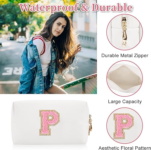 Miniatura 3 de Bolsa de maquillaje personalizada con parche de letra inicial, bolsa de cosméticos con cremallera, Letra blancarosa, P