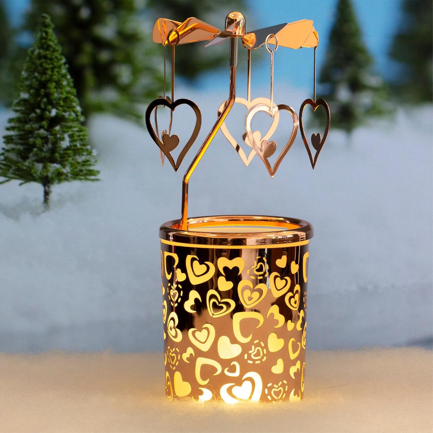 iLajao Candle Carousel Rotary Candle Holder Christmas Carousel Spinning Tealight Candleholder Christmas Decoration Centerpieces for Tables Valentine Easter (Rose Gold Loveheart)