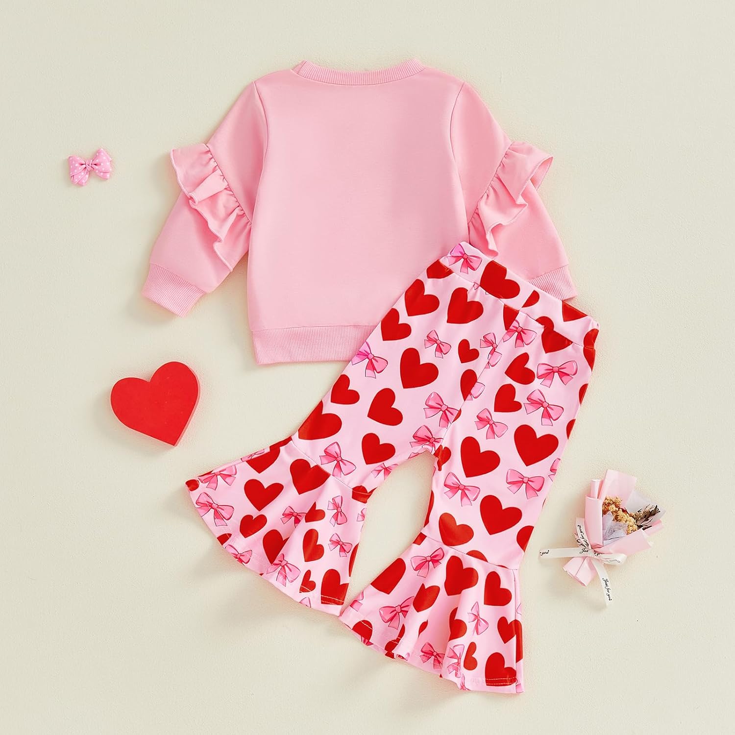 Toddler Baby Girl Valentines Day Outfit Heart Bow Print Ruffle Long Sleeve Sweatshirt Flare Pants 2pcs Clothes Set - Image 7
