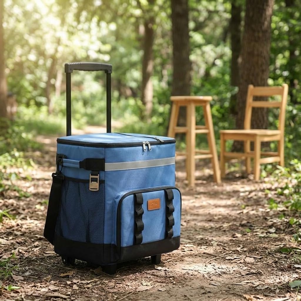 Isolierte Transportbox Kühlbehälter Lebensmittelcontainer Thermotasche mit Innenfutter aus PVC Und Strapazierfähigem Stoff mit Rollen für Picknick Camping Strand Einkauf Essenslieferung, Blau