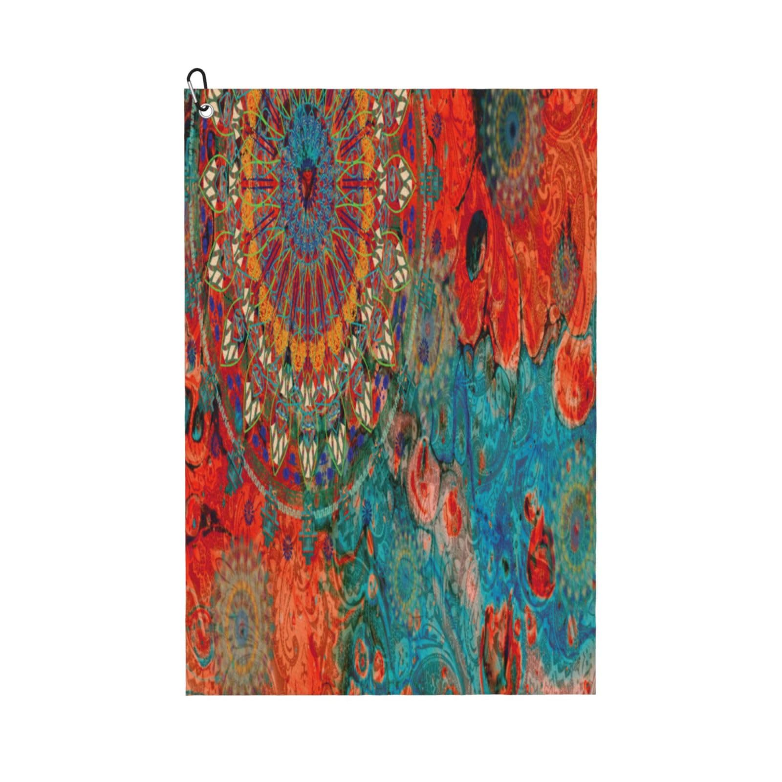 AOOEDM Mandala Colorful Print Golf Towel with Carabiner Clip Absorbent Microfiber Golf Towel for Cleaning Golf Ball Club Putter Iron for Golf Bag Trolly Belt Loop 16" X 24"