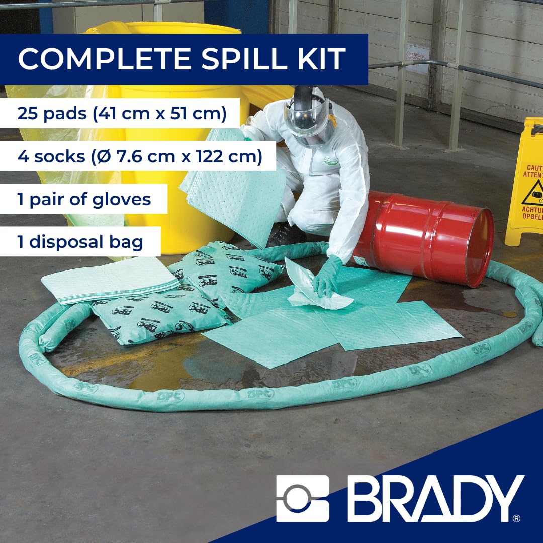SPC® by Brady Kit Anti-Inquinamento Chimico – Kit Assorbente Chimico per Fuoriuscite di Sostanze Chimiche Pericolose, Include 25 Panni Assorbenti Chimici, 4 Calze, Guanti e Sacco per Smaltimento