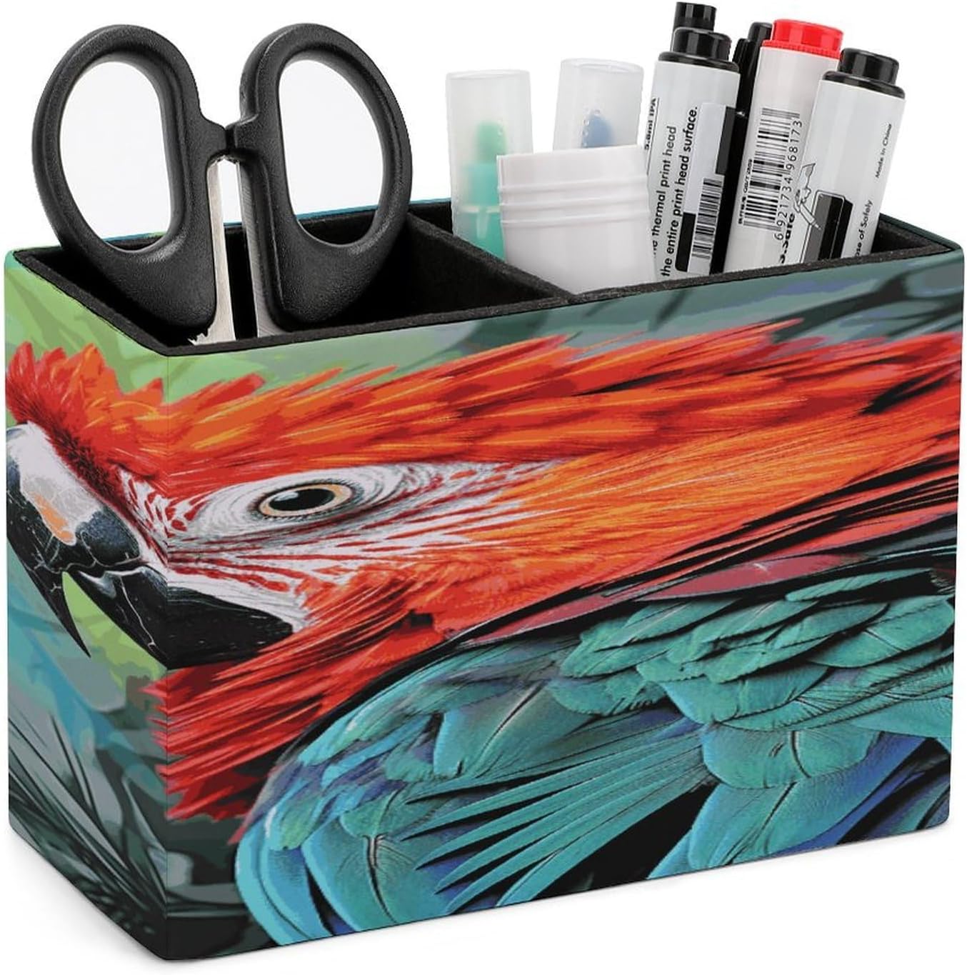 Colorful Parrot Pen Holder Double Compartments Pen Cup Fashion Makeup Brush Holders Leather Pencil Holder for Work Locker Accessories Modern Pencil Cup for Desk Organizer