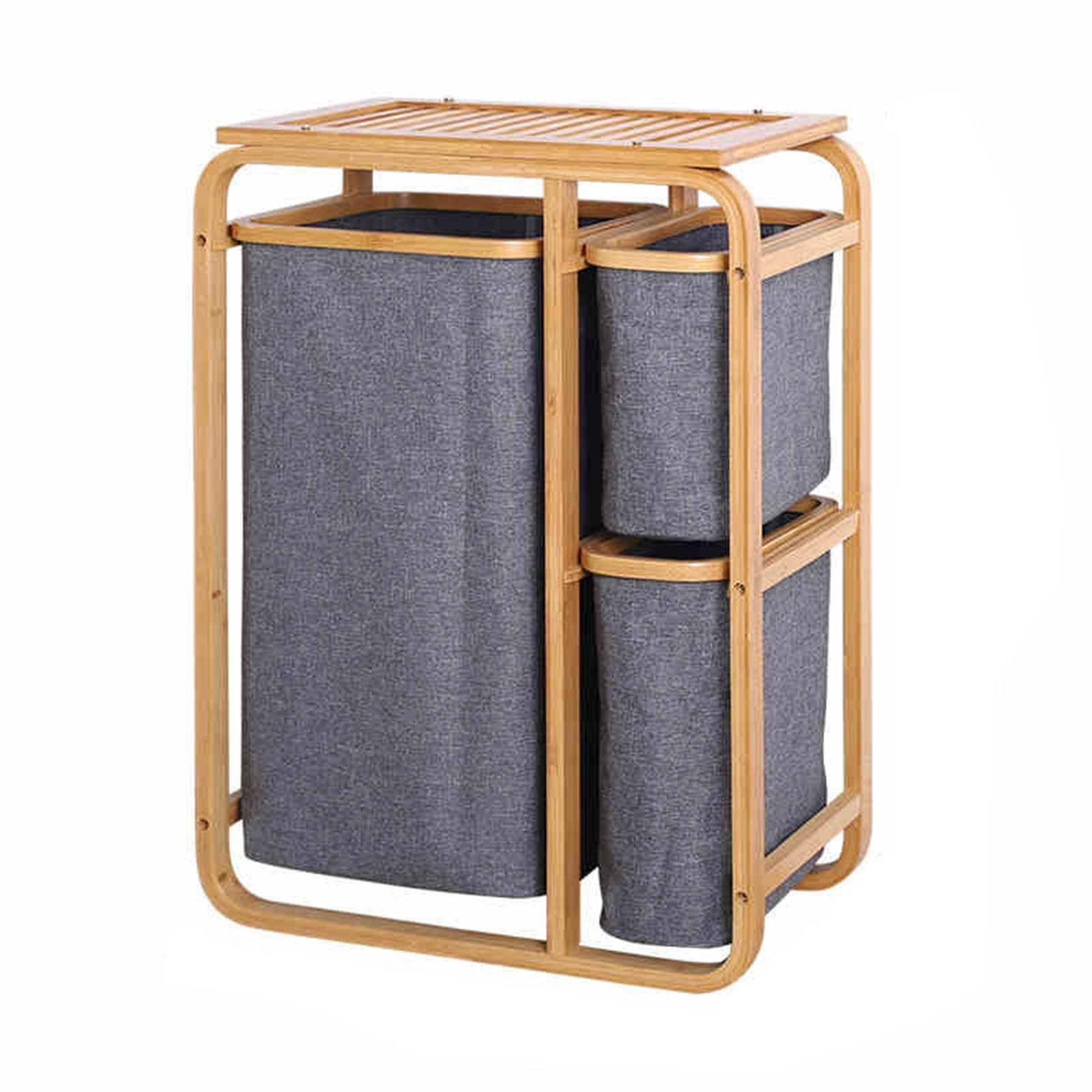 SFSLBFB Bamboo Laundry Hamper ， 3 Sliding Bag Sections, Dual Compartment Laundry Basket for Sorting Darks and Whites