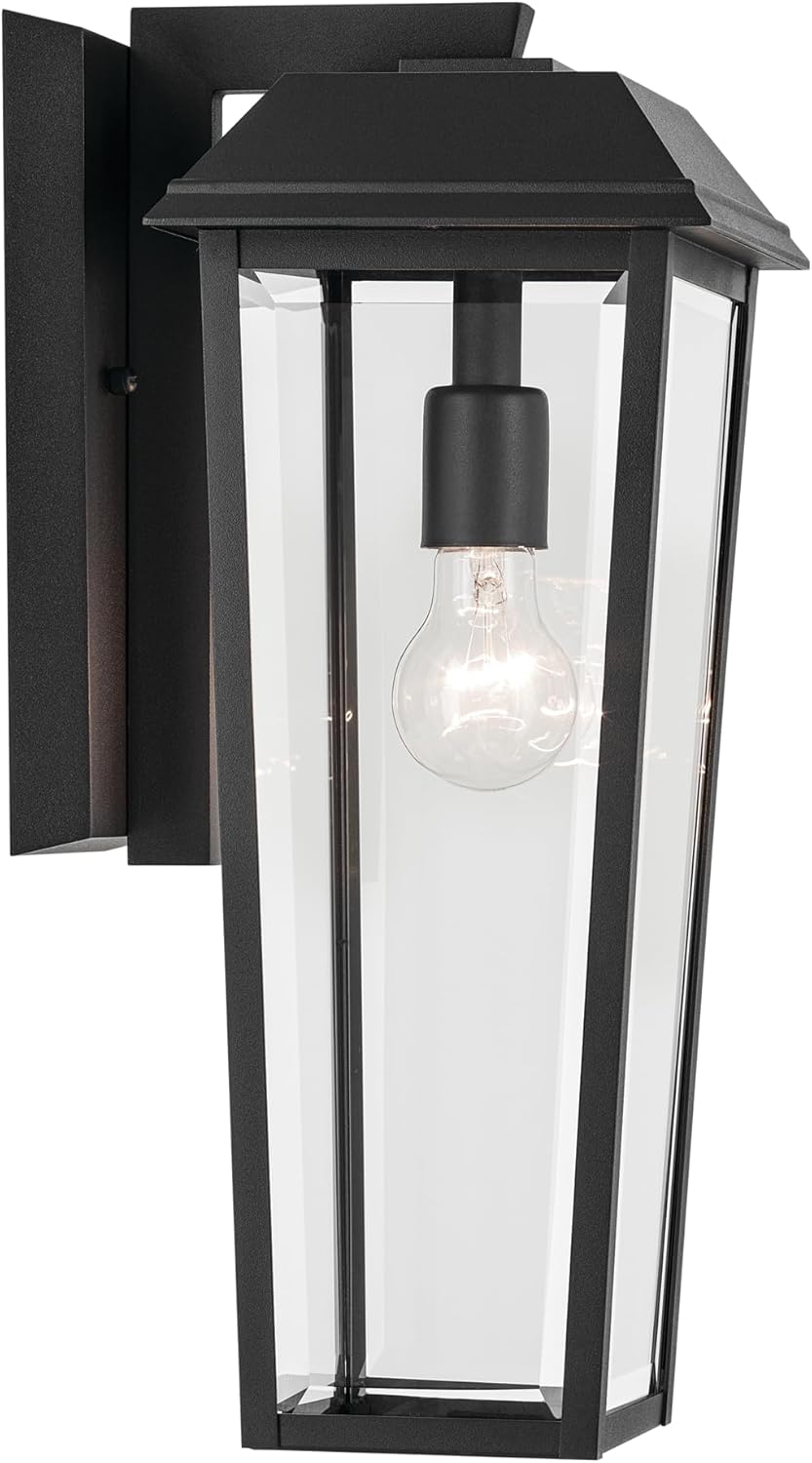 Kichler Mathus 1-Light Textured Black Luxe Updated Traditional Outdoor Wall Light with Clear Glass for Outdoor Walls, Exterior Doors, Garage, Porch or Patio Walls, 18"