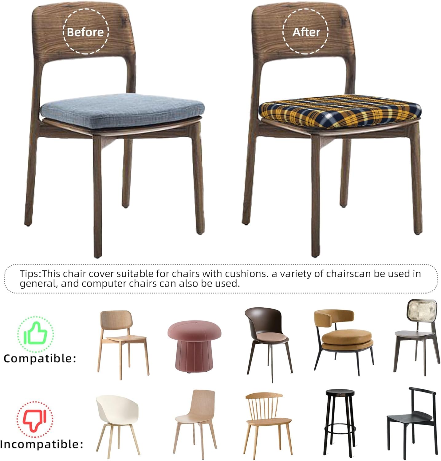 Dining Chair Seat Covers Set of 4, Blue Mustard Gingham Check Print Chair Seat Covers Stretchable Dining Room Seat Covers Kitchen Chair Protective Covers for Kitchen Hotel Office